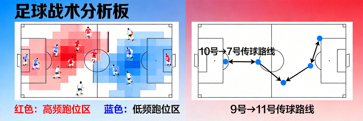 足球战术分析板展示 - 球员跑位热图与传球路线示意图